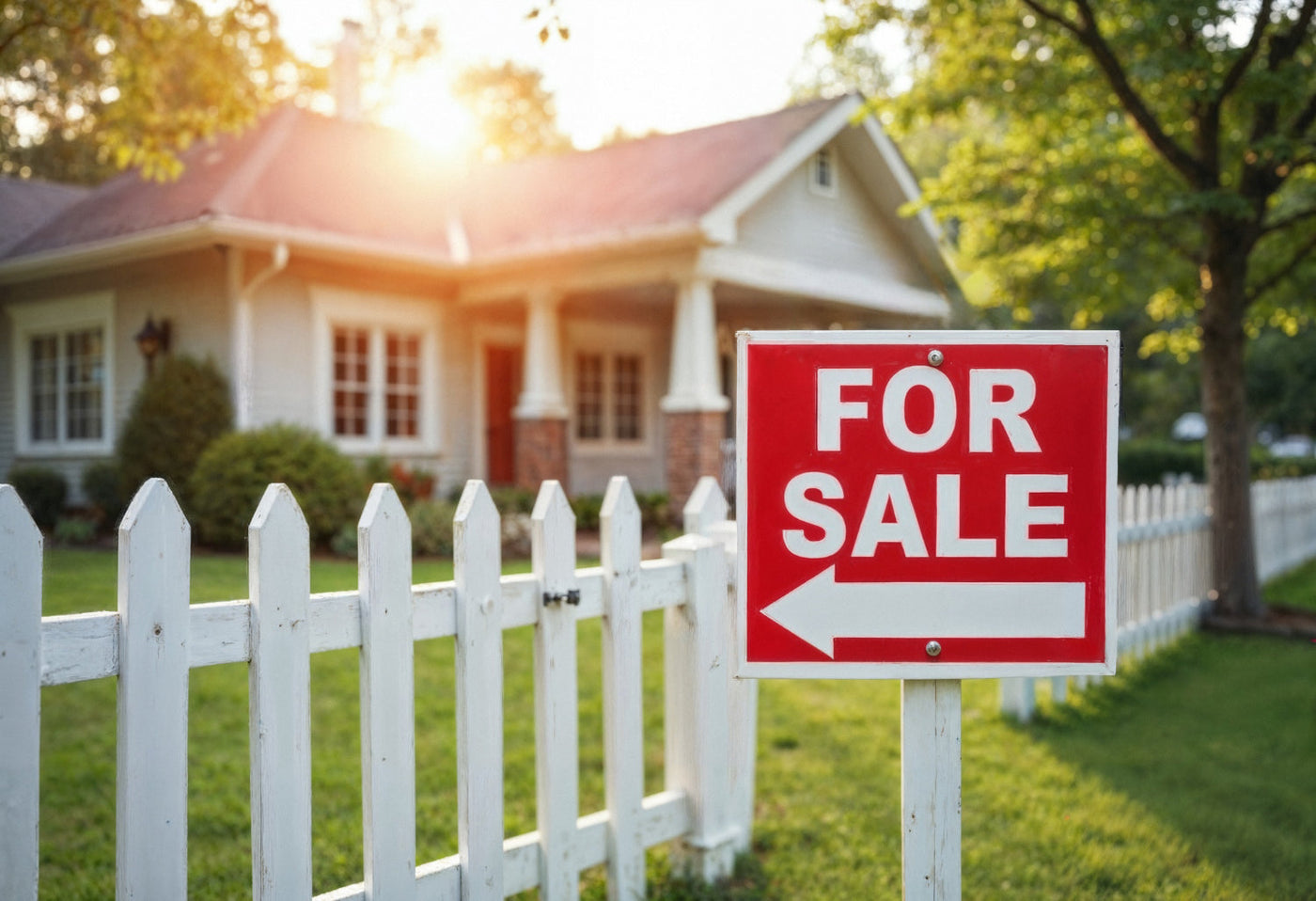 A red and white 'For Sale' sign in front of a suburban house with a white picket fence, green lawn, and trees, captured in warm sunlight.